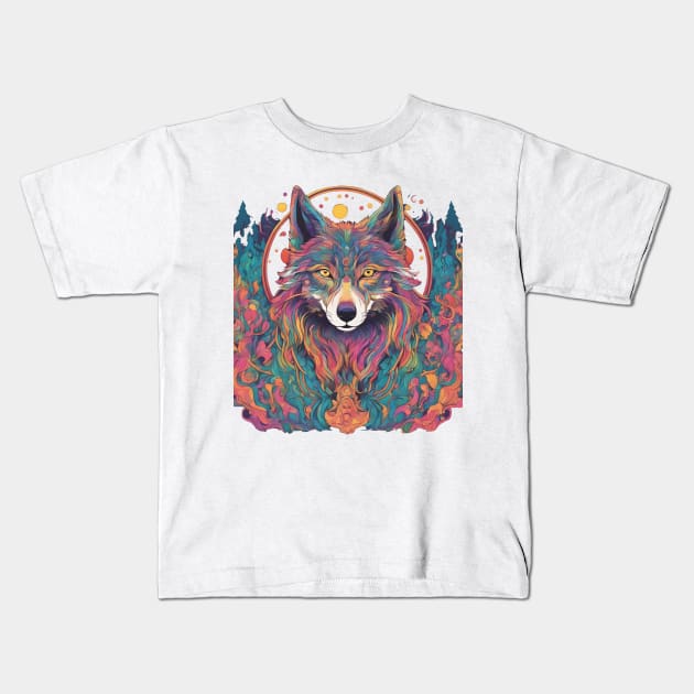 Trippy Wolf Kids T-Shirt by PlushFutura